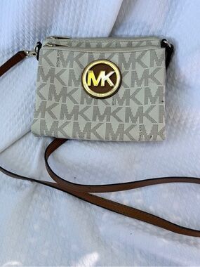 Michael Kors Cream Logo Crossbody with Brown Strap and Gold MK Emblem
